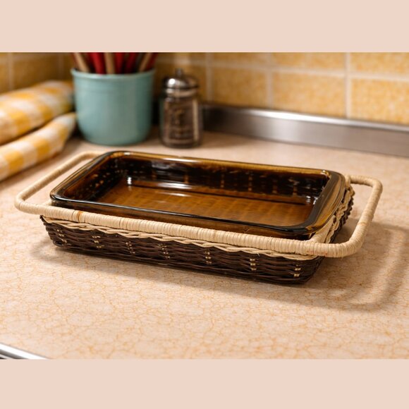 Pyrex Other - Vintage Pyrex Rectangular Amber Glass Baking Dish 232-N w/ Wicker Basket Carrier